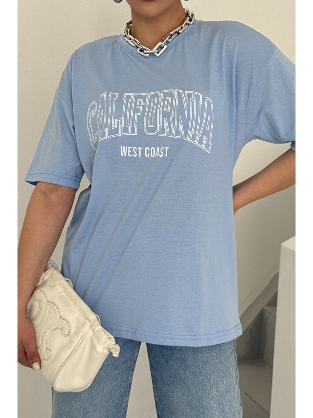 Kadın Bebe Mavi Bisiklet Yaka California Baskılı Oversize T Shirt-1