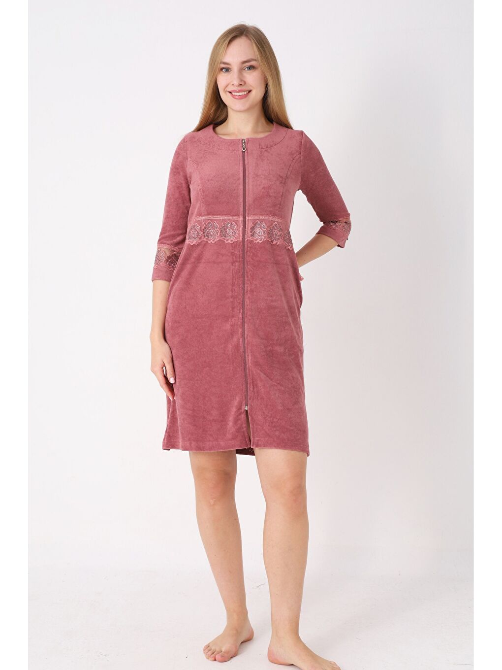 Kahverengi Kiremit Fermuarlı Dantelli Cepli Pamuklu Havlu Truvakar Kollu Elbise