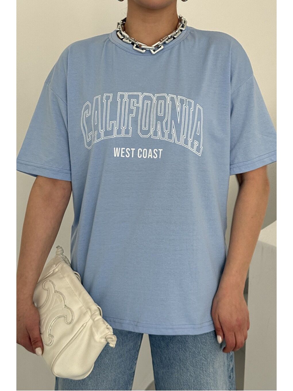 Kadın Bebe Mavi Bisiklet Yaka California Baskılı Oversize T Shirt-2