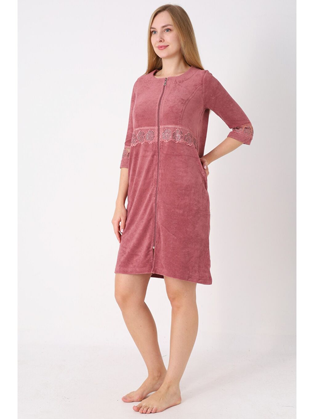 Kahverengi Kiremit Fermuarlı Dantelli Cepli Pamuklu Havlu Truvakar Kollu Elbise-1