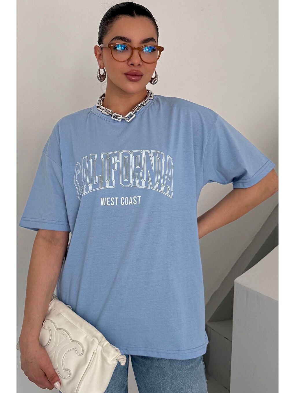 Kadın Bebe Mavi Bisiklet Yaka California Baskılı Oversize T Shirt-3