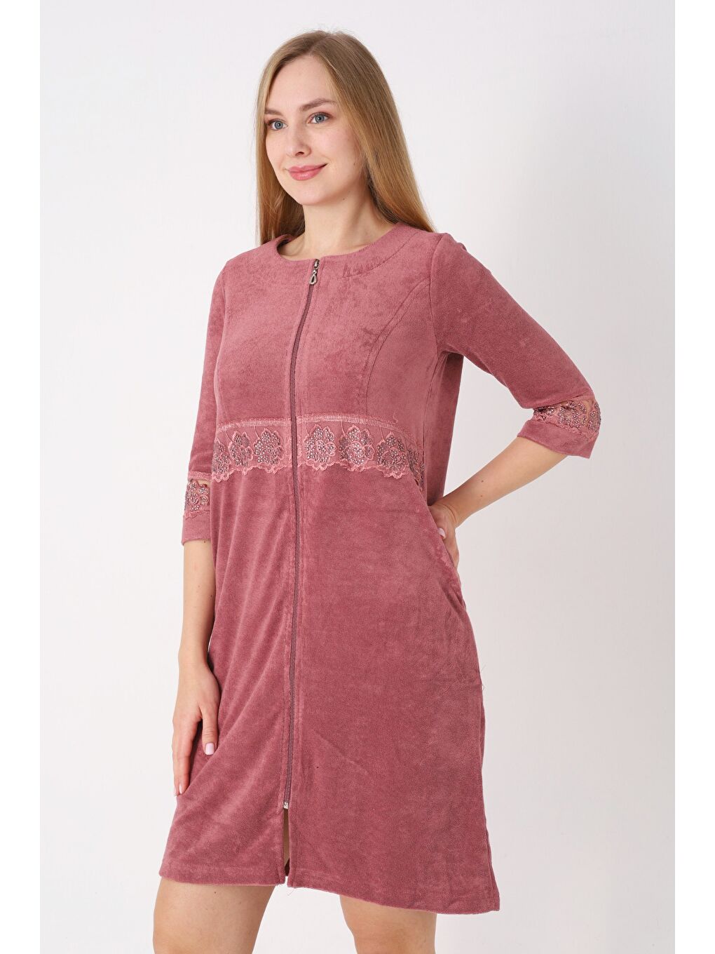 Kahverengi Kiremit Fermuarlı Dantelli Cepli Pamuklu Havlu Truvakar Kollu Elbise-2