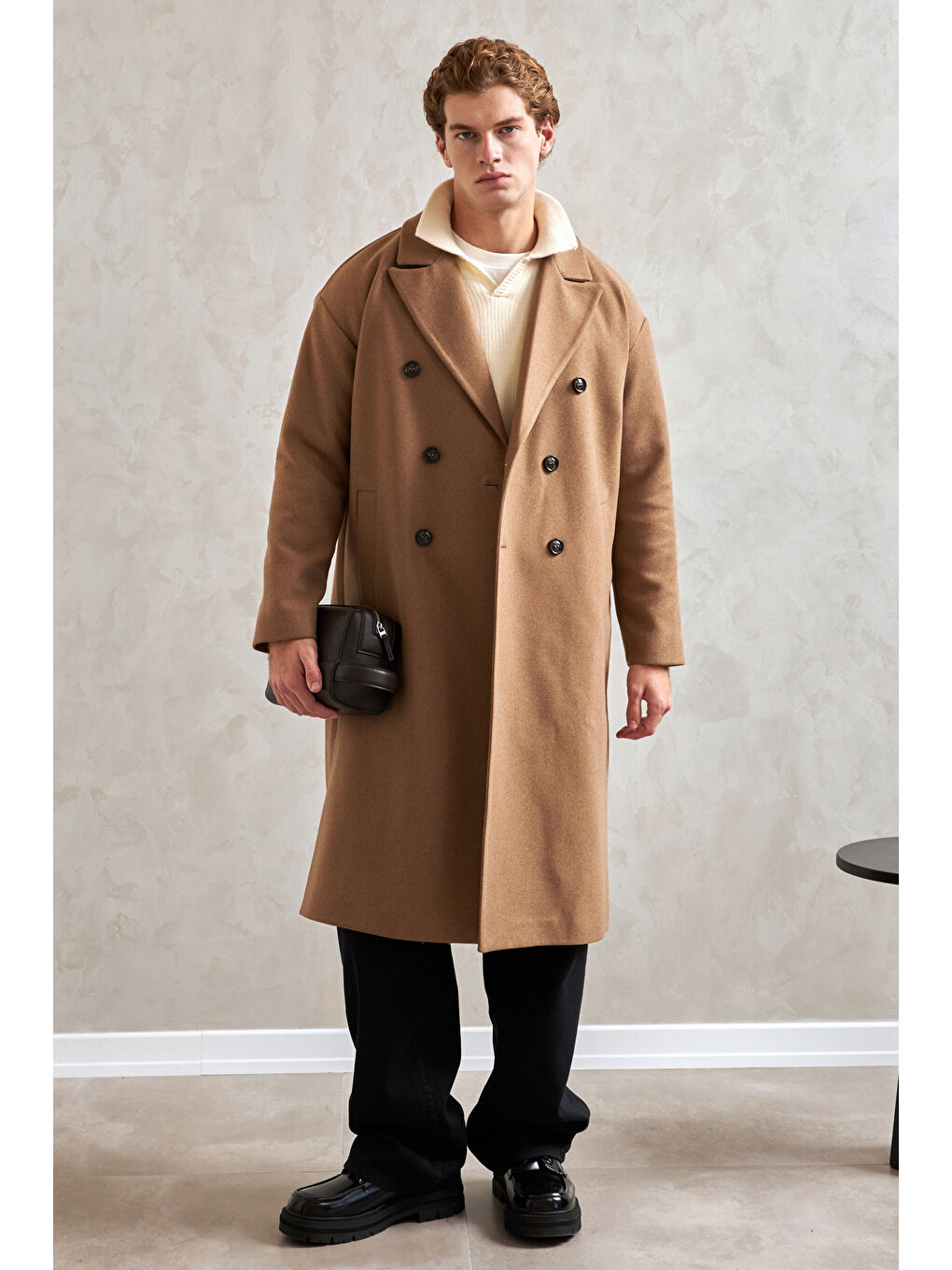 Kahverengi Erkek Oversize Astarlı Uzun Kaşe Kaban-1