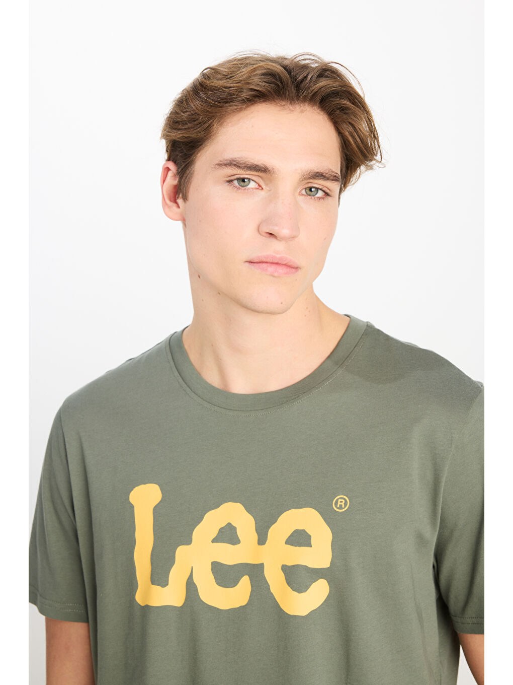 %100 Pamuk Regular Fit Normal Kesim Bisiklet Yaka Haki Tişört-3