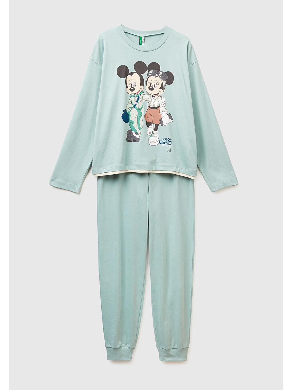 Kadın Açık Yeşil %100 Pamuk Mickey Baskılı Kısa Kollu Pijama Takımı-1