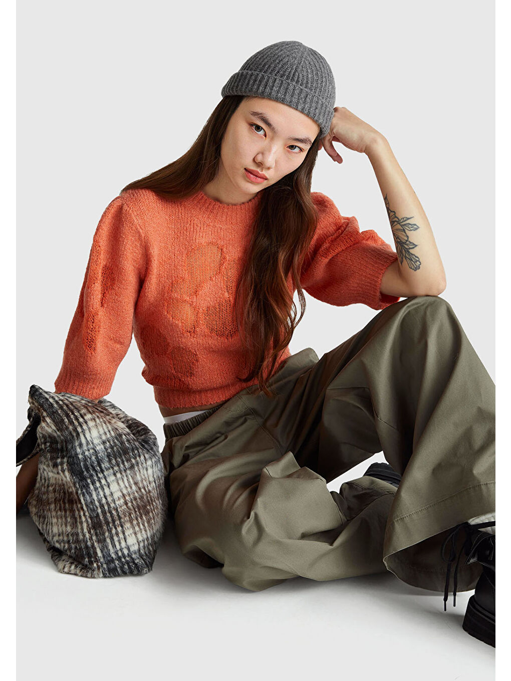 Kadın Turuncu Akrilik ve Yün Karışımlı Desenli Yarım Kol Kazak-4