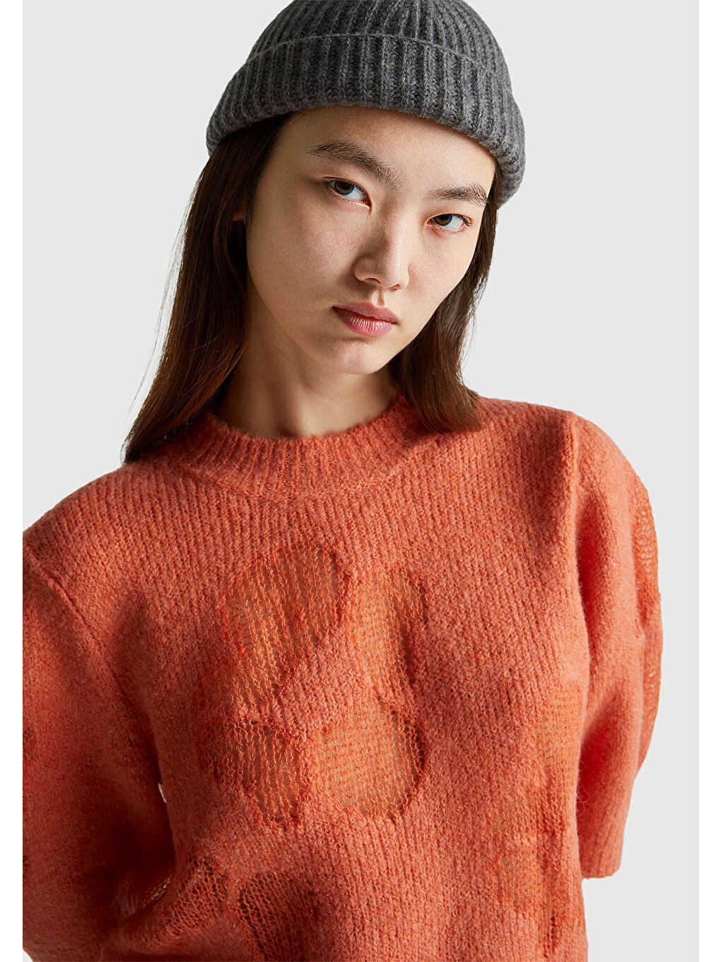 Kadın Turuncu Akrilik ve Yün Karışımlı Desenli Yarım Kol Kazak-5