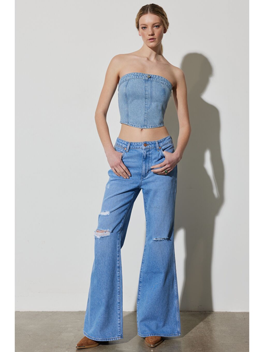 Mavi Slim Fit Dar Kesim %100 Pamuk Kolsuz Crop Jean Jean Bluz-4