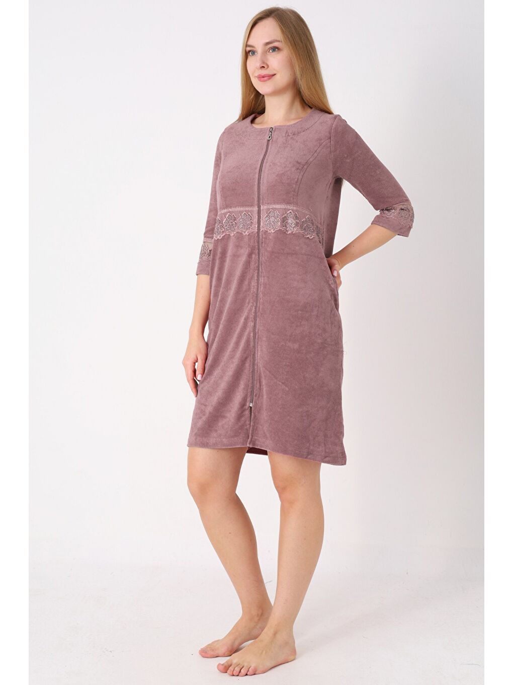 Antrasit Kiremit Fermuarlı Dantelli Cepli Pamuklu Havlu Truvakar Kollu Elbise-1