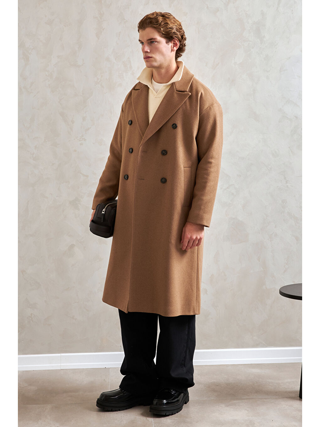 Kahverengi Erkek Oversize Astarlı Uzun Kaşe Kaban-2