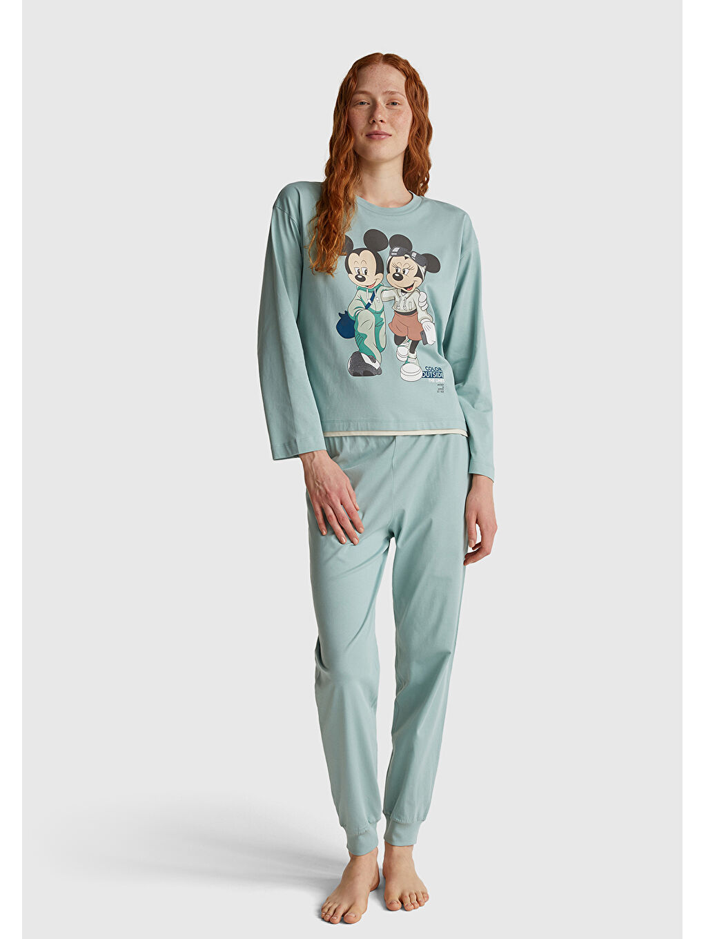 Kadın Açık Yeşil %100 Pamuk Mickey Baskılı Kısa Kollu Pijama Takımı-4