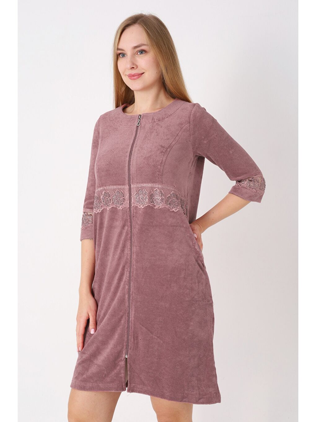 Antrasit Kiremit Fermuarlı Dantelli Cepli Pamuklu Havlu Truvakar Kollu Elbise-2