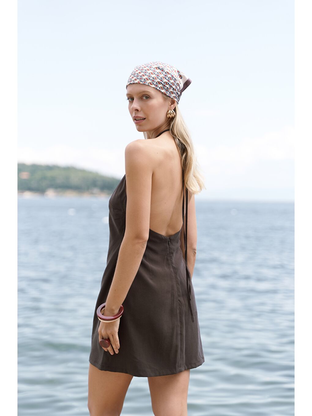 Kahverengi Breagha Bağlamalı Kahve Mini Elbise-6