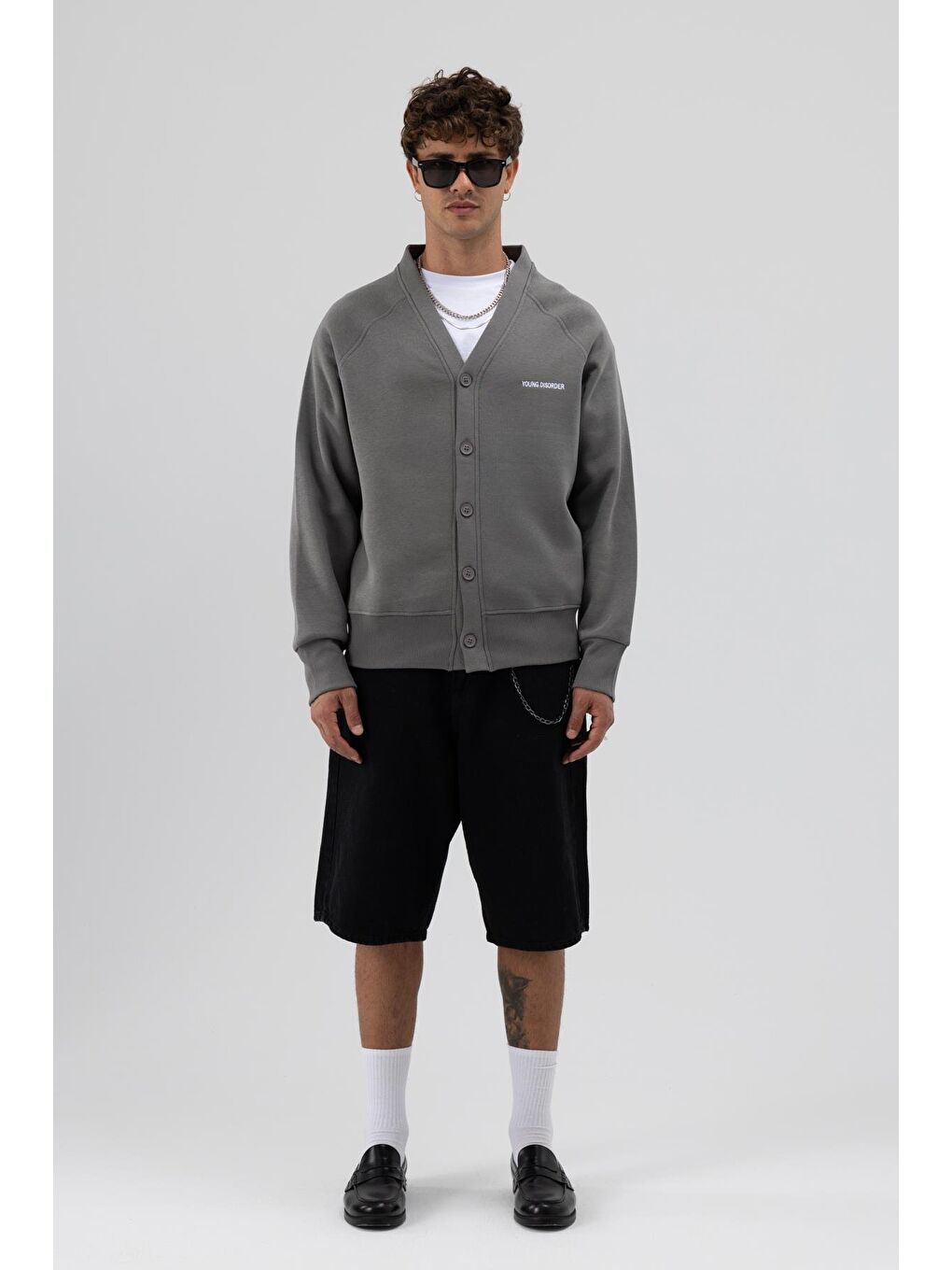 Gri Oversize Düğmeli Sweatshirt Füme-1