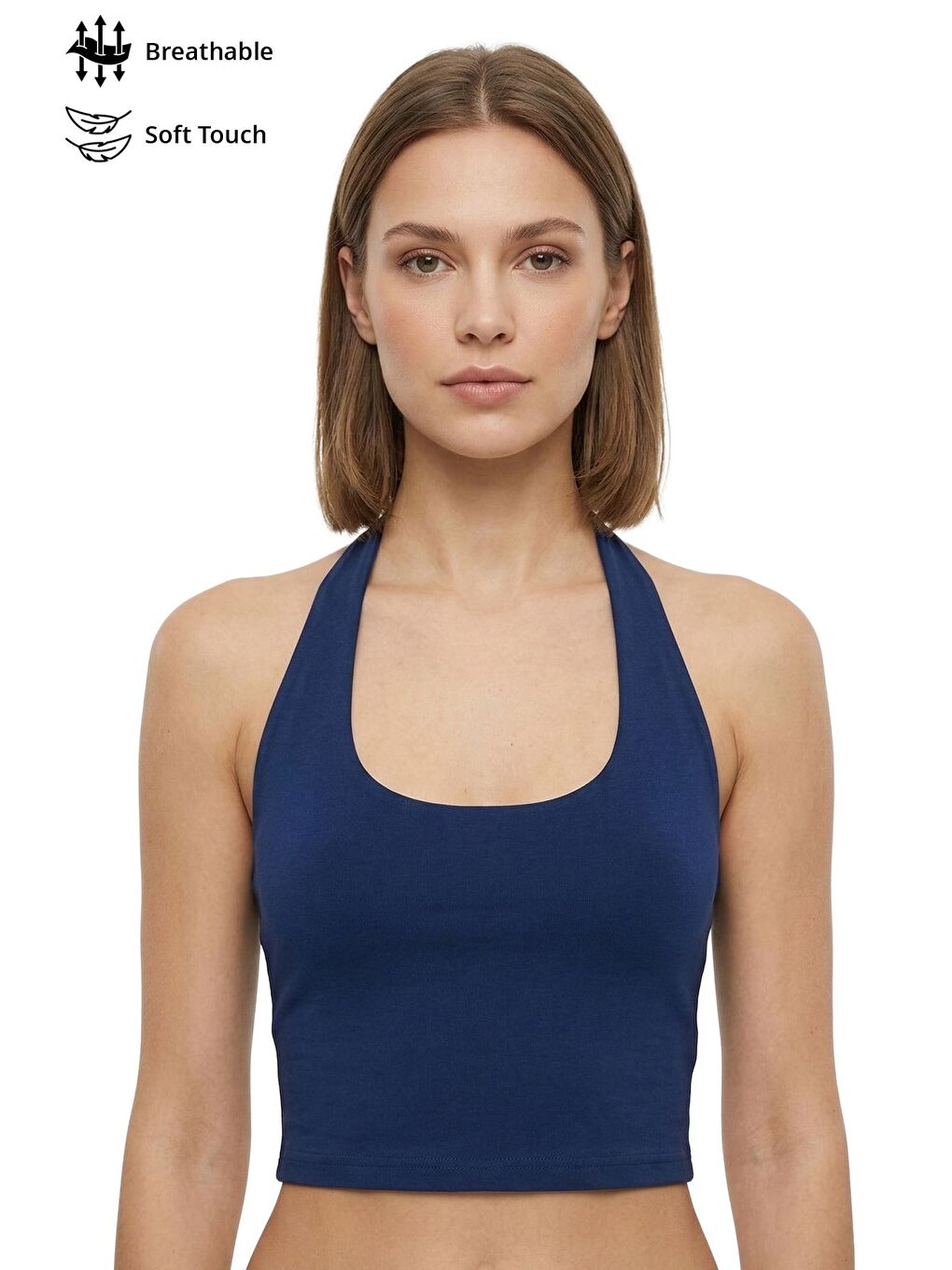 Lacivert Viskon Halter Yaka Sırt Dekolteli Kadın Crop Atlet