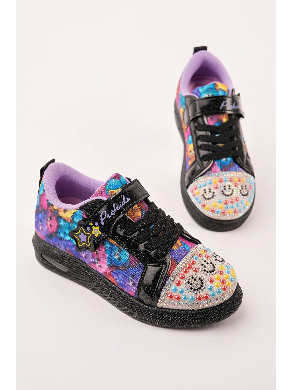 Siyah SMİLE Taş Detaylı Desenli Cırtlı Kız Çocuk Işıklı Günlük Sneaker Spor Ayakkabı