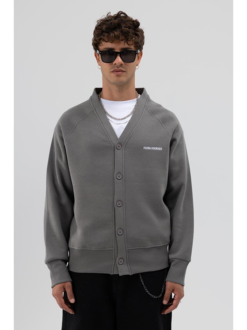 Gri Oversize Düğmeli Sweatshirt Füme-2