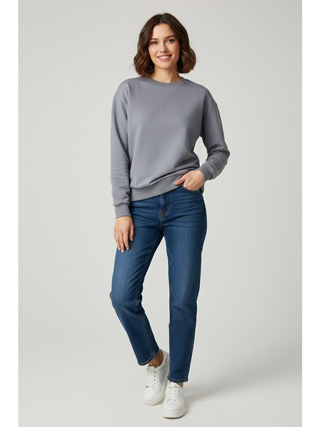 Kadın Bisiklet Yaka Oversize Sweatshirt Gri - 27955-GRI-1