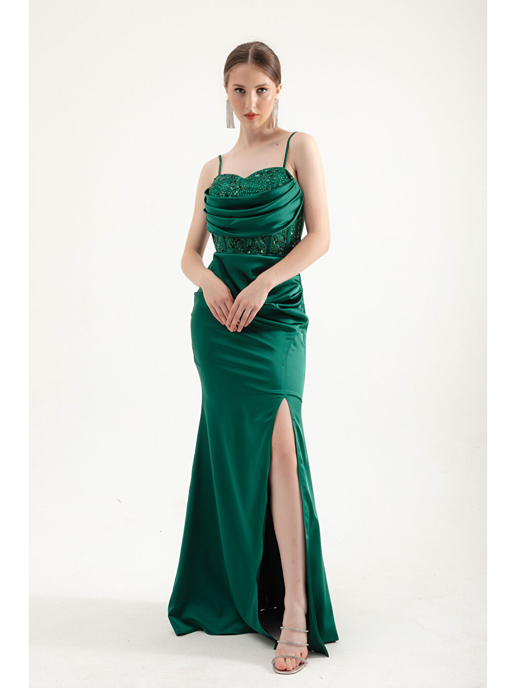 Kadın Zümrüt Yeşili Balen Korse Detaylı Taşlı Saten Uzun Abiye Elbise