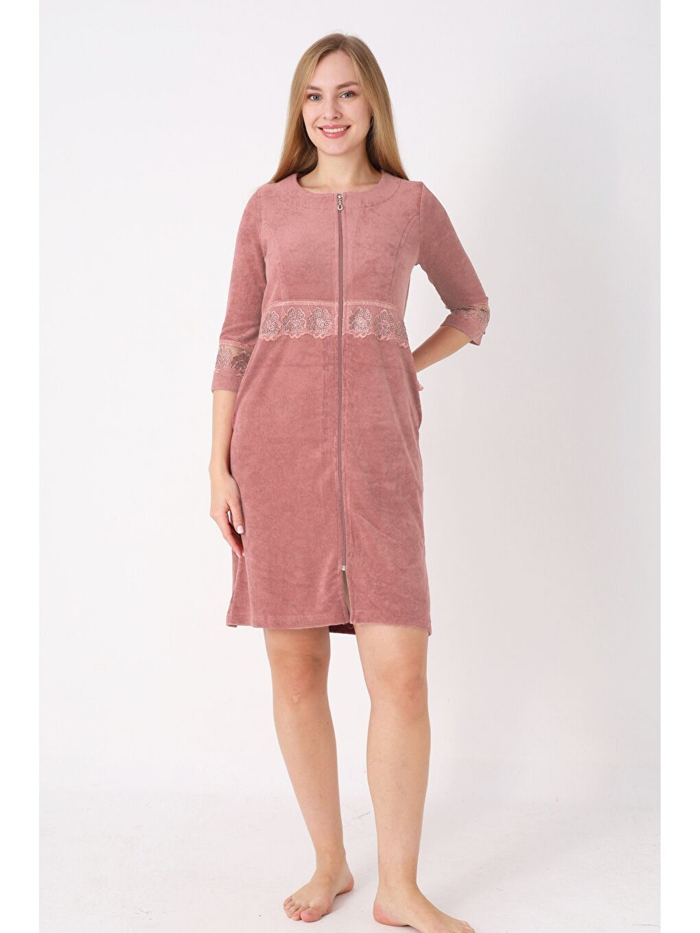 Kahverengi Kiremit Fermuarlı Dantelli Cepli Pamuklu Havlu Truvakar Kollu Elbise