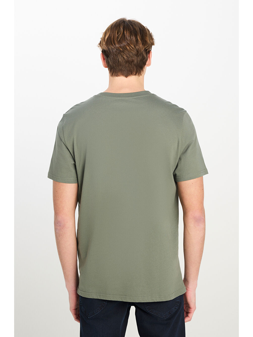 %100 Pamuk Regular Fit Normal Kesim Bisiklet Yaka Haki Tişört-4