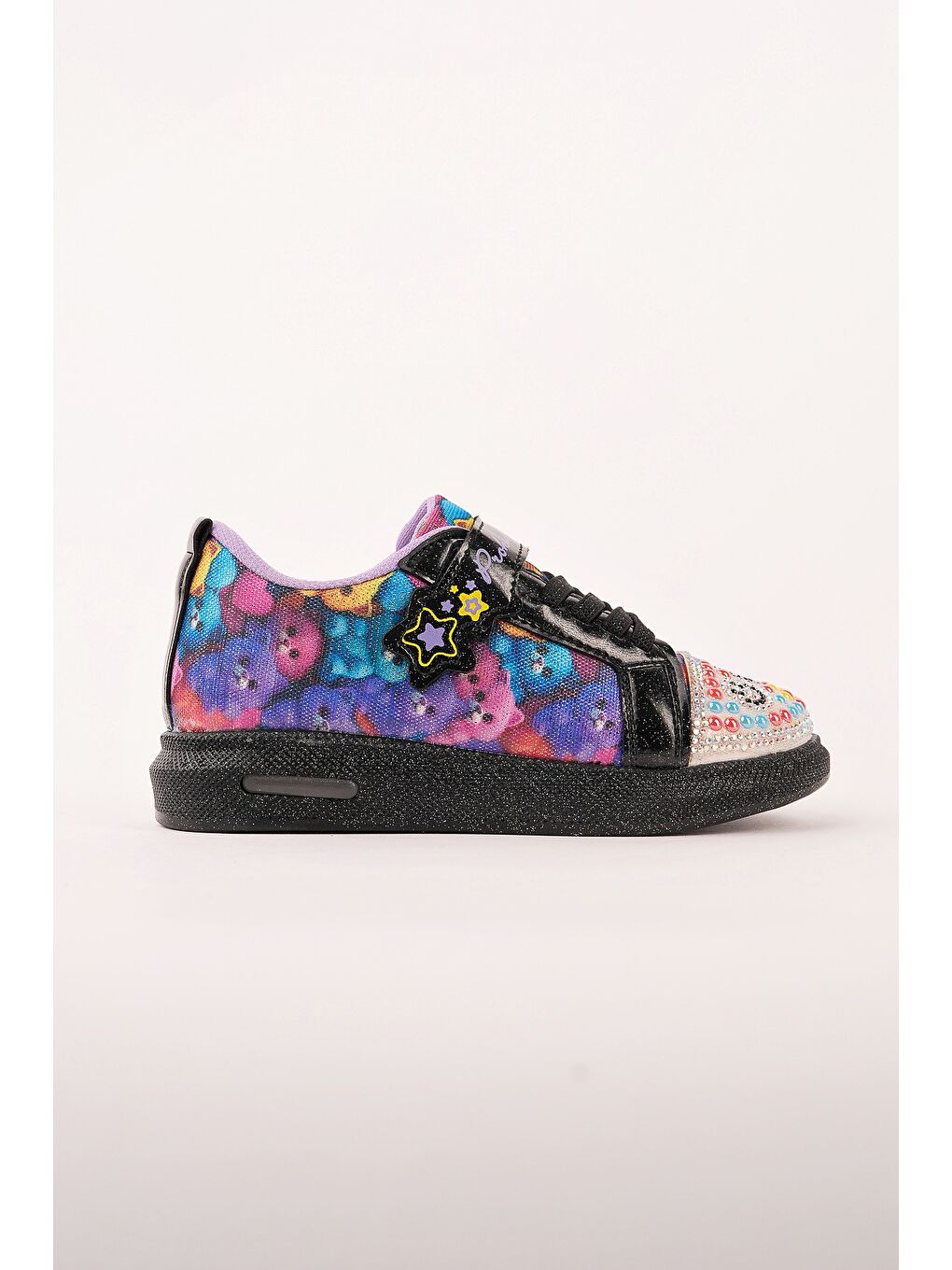 Siyah SMİLE Taş Detaylı Desenli Cırtlı Kız Çocuk Işıklı Günlük Sneaker Spor Ayakkabı-1