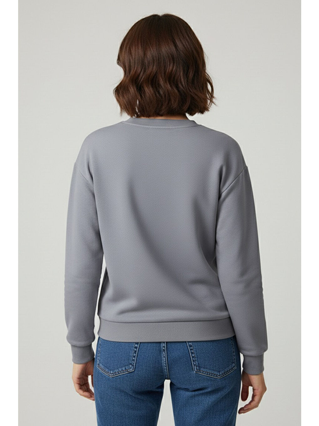 Kadın Bisiklet Yaka Oversize Sweatshirt Gri - 27955-GRI-2