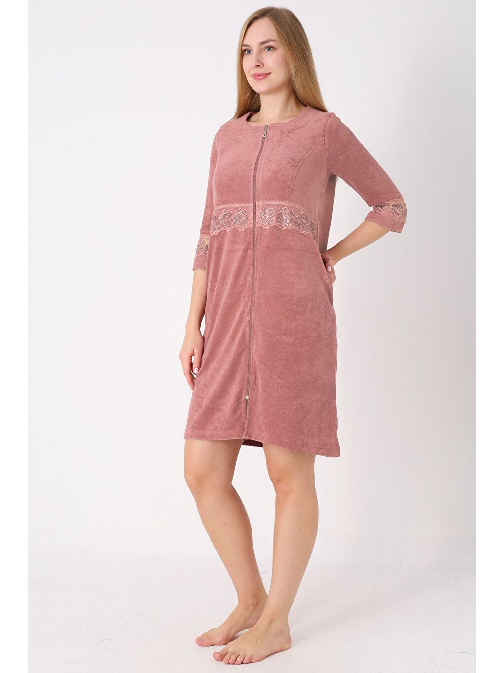 Kahverengi Kiremit Fermuarlı Dantelli Cepli Pamuklu Havlu Truvakar Kollu Elbise-1