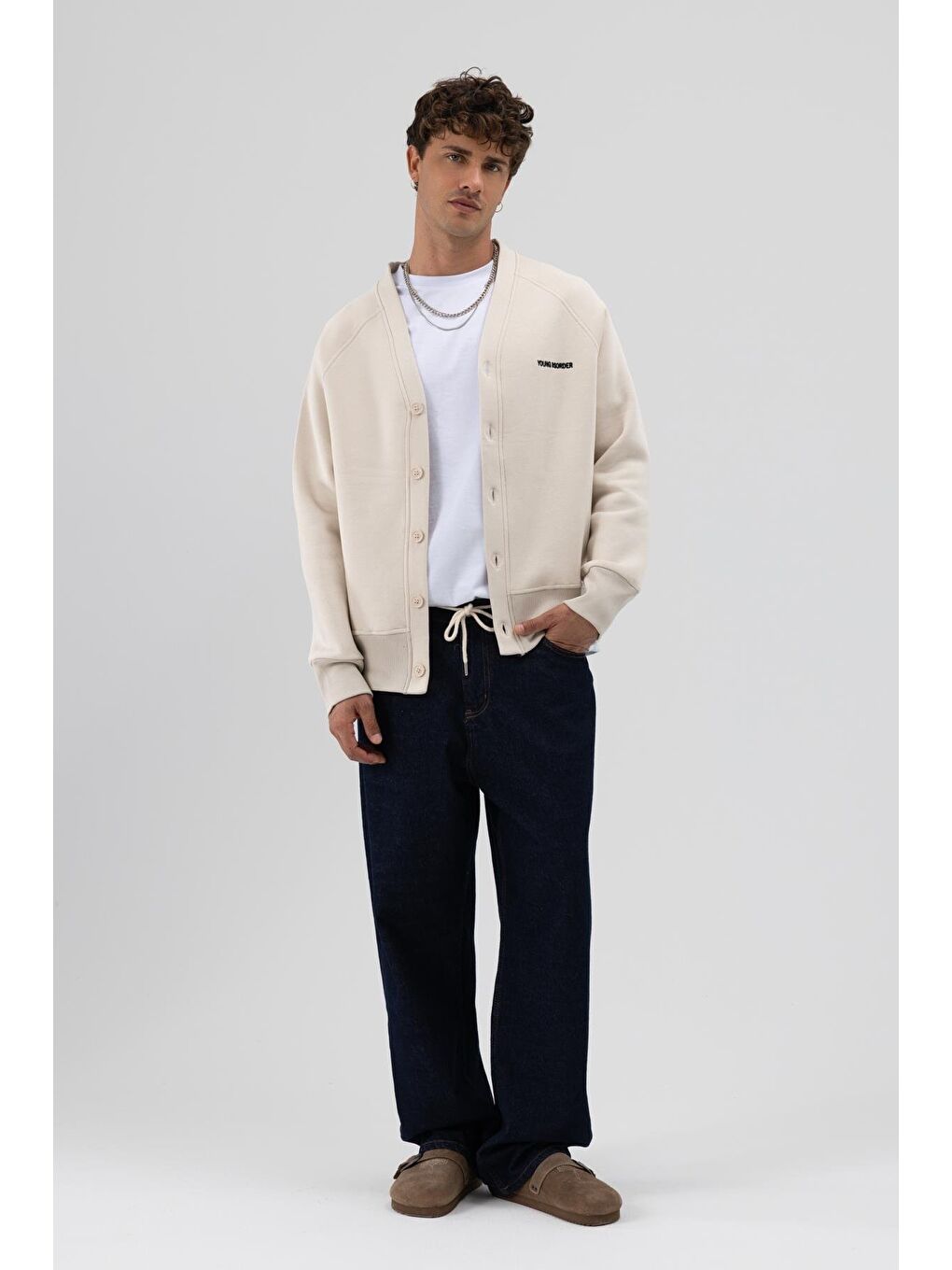 Bej Oversize Düğmeli Sweatshirt Taş