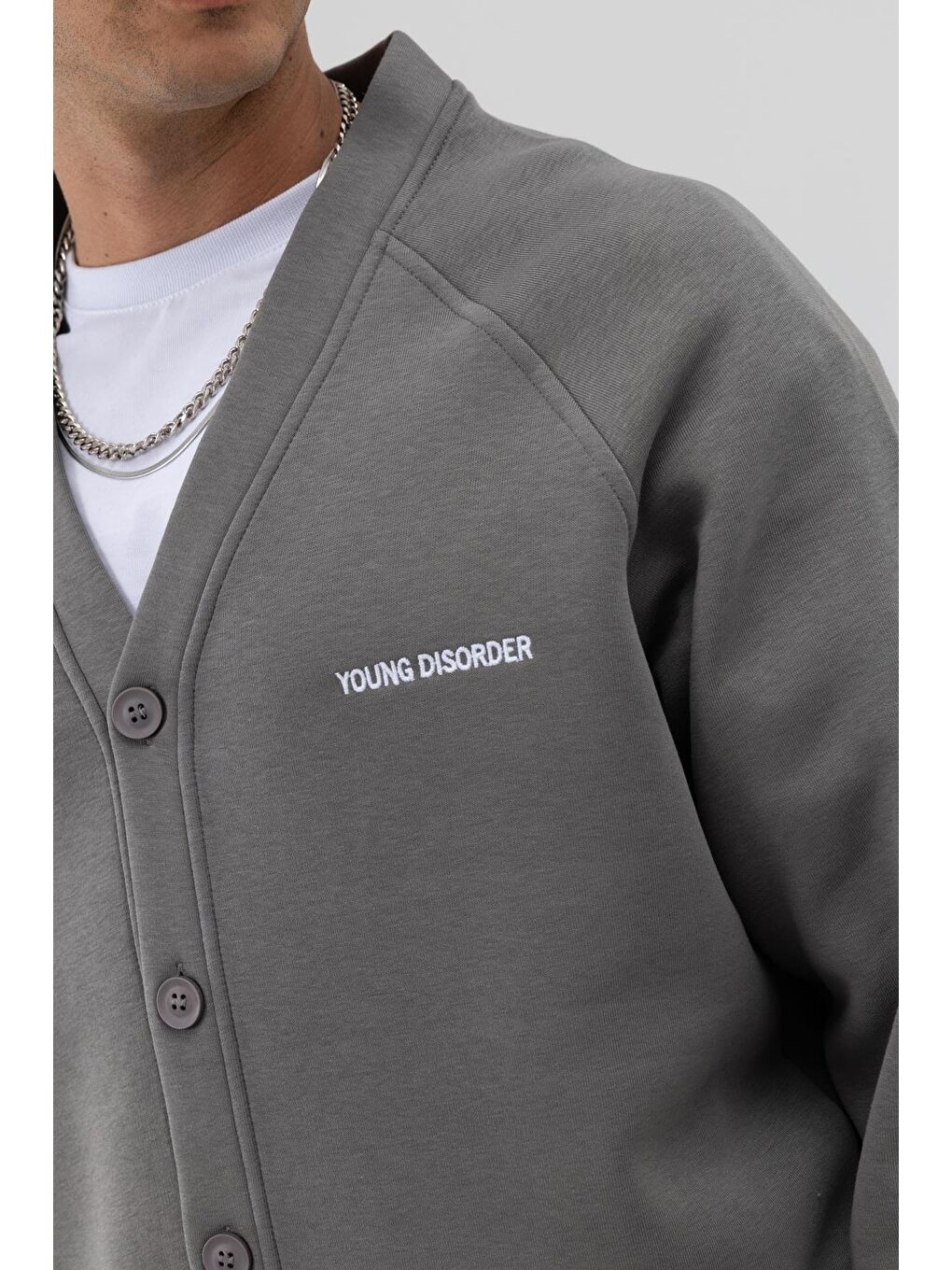 Gri Oversize Düğmeli Sweatshirt Füme-3