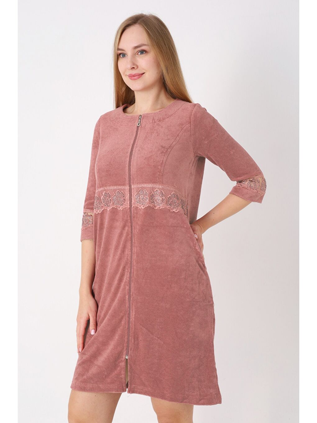 Kahverengi Kiremit Fermuarlı Dantelli Cepli Pamuklu Havlu Truvakar Kollu Elbise-2