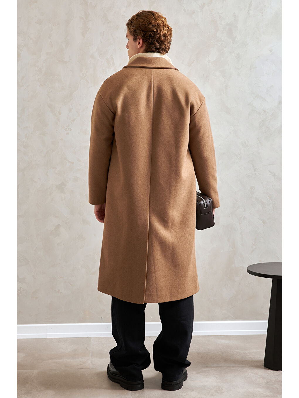 Kahverengi Erkek Oversize Astarlı Uzun Kaşe Kaban-3