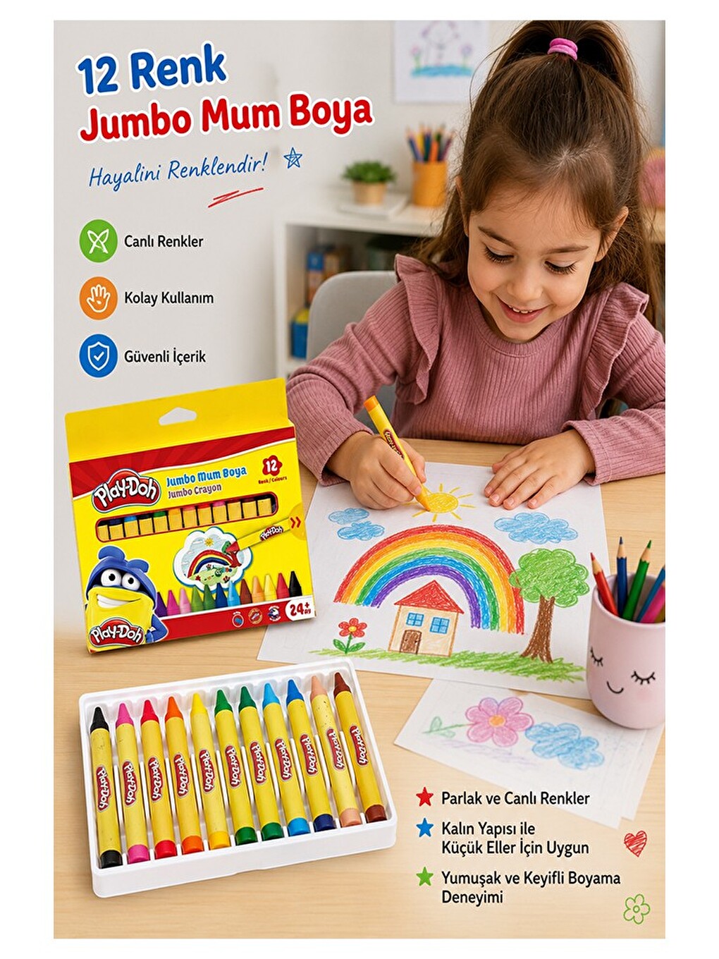 Jumbo Mum Boya 12 Li 1 Paket 12 Renk Mumboya Elleri Kirletmeyen Yıkanabilir Silinebilir Karton Kutu-2