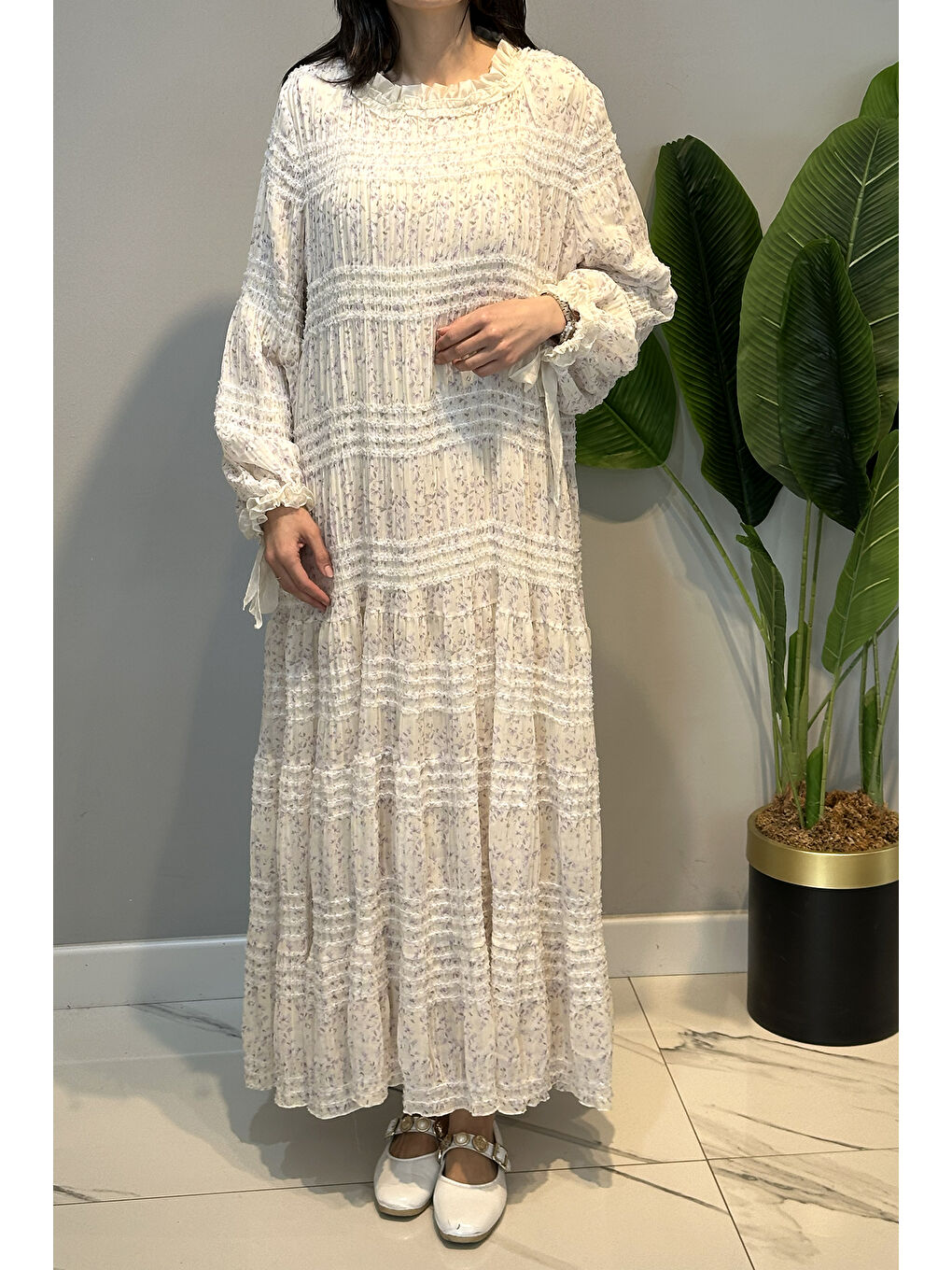 Büzgü Detaylı Desenli Elbise 762 Mor-1