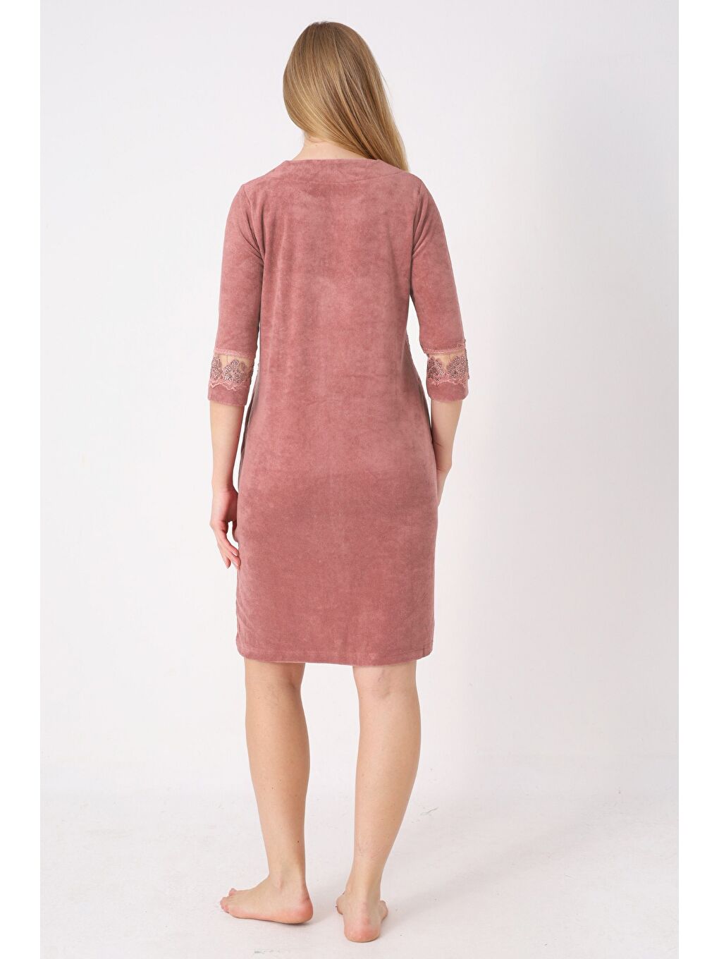 Kahverengi Kiremit Fermuarlı Dantelli Cepli Pamuklu Havlu Truvakar Kollu Elbise-3