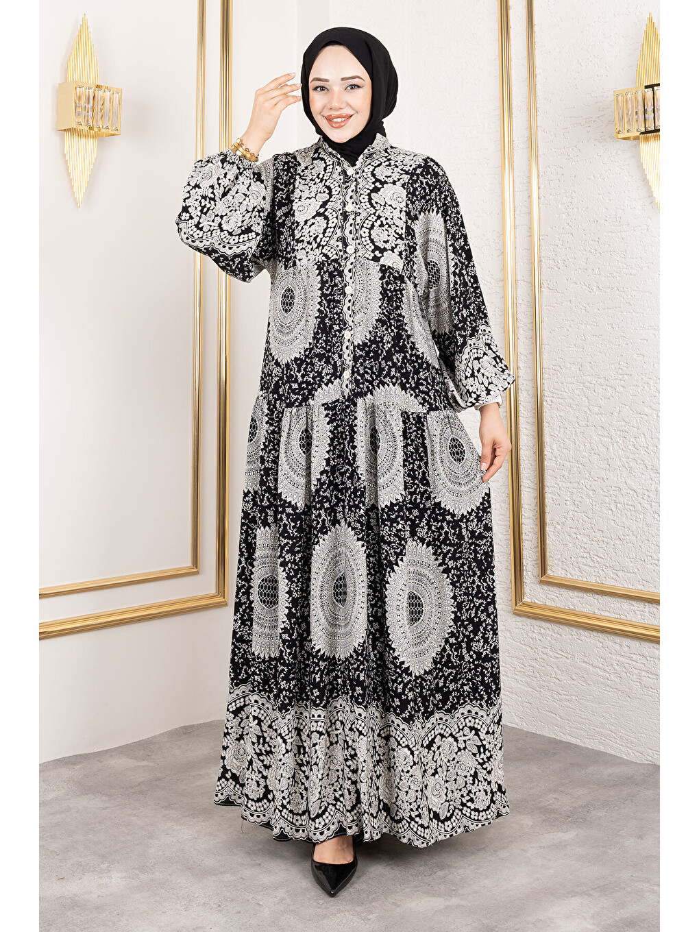 Varak Desenli Viskon Elbise TSD250191 Siyah