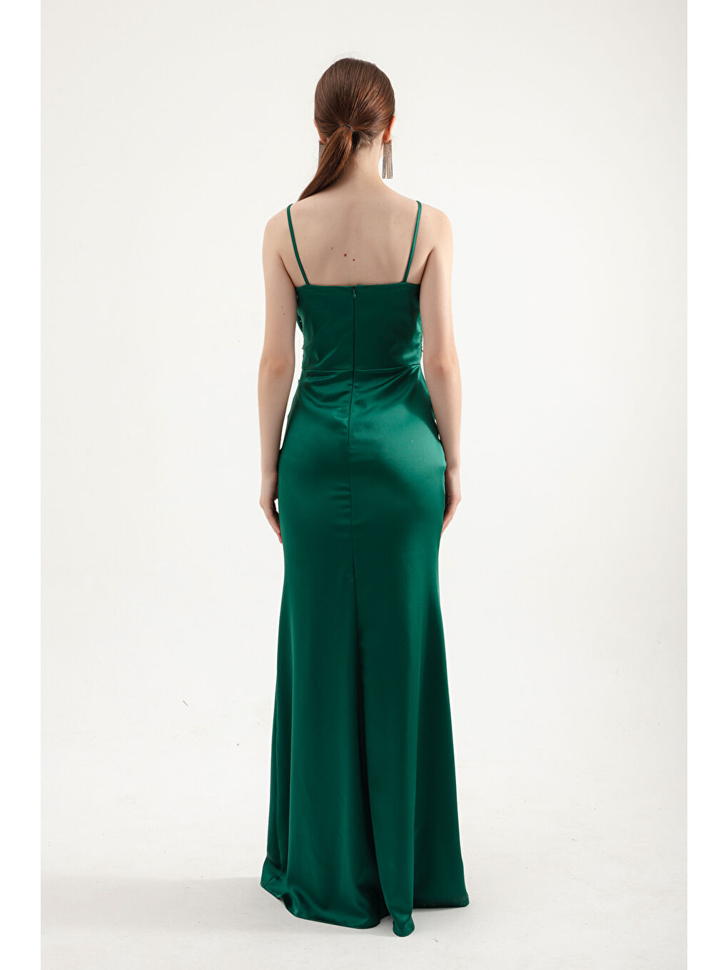 Kadın Zümrüt Yeşili Balen Korse Detaylı Taşlı Saten Uzun Abiye Elbise-4