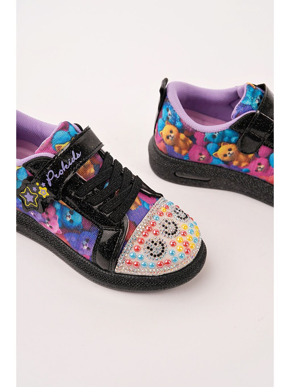 Siyah SMİLE Taş Detaylı Desenli Cırtlı Kız Çocuk Işıklı Günlük Sneaker Spor Ayakkabı-2