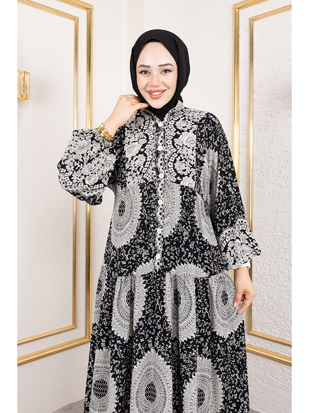 Varak Desenli Viskon Elbise TSD250191 Siyah-1
