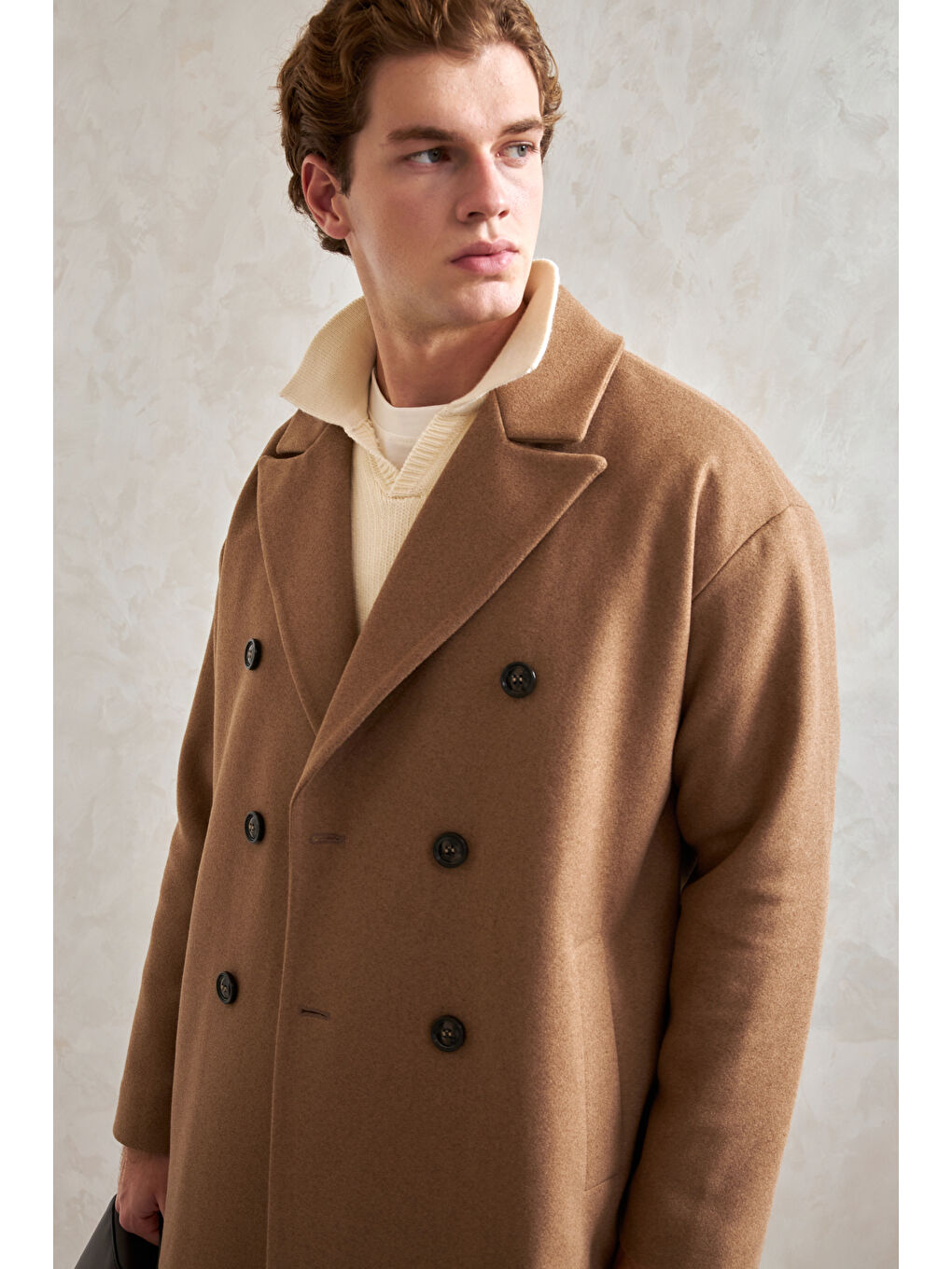 Kahverengi Erkek Oversize Astarlı Uzun Kaşe Kaban-4