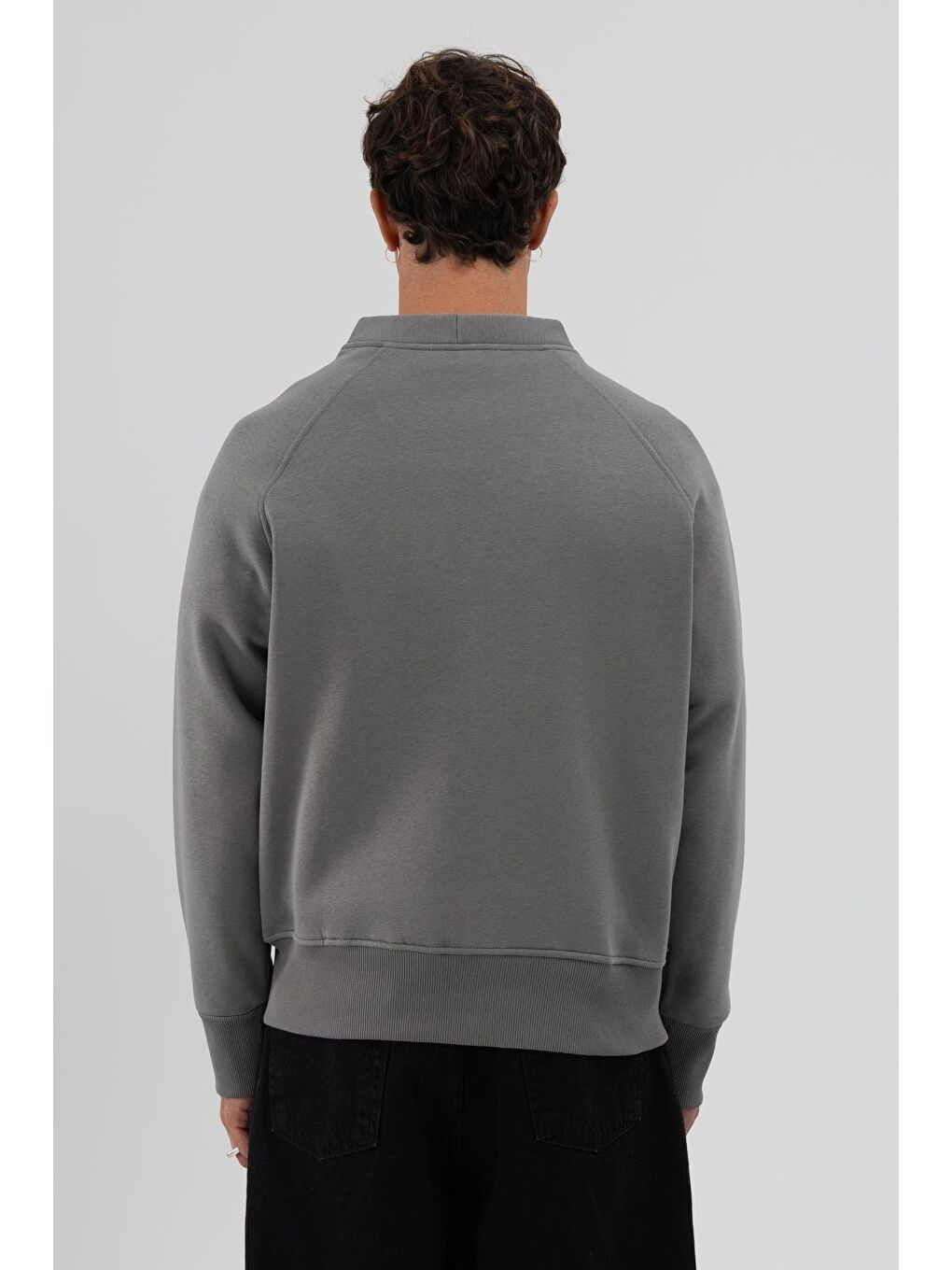 Gri Oversize Düğmeli Sweatshirt Füme-4