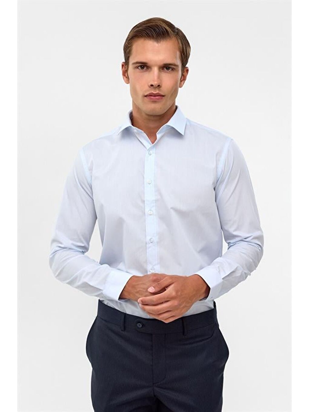 Buz Mavi Slim Düz Klasik Yaka Gömlek-1