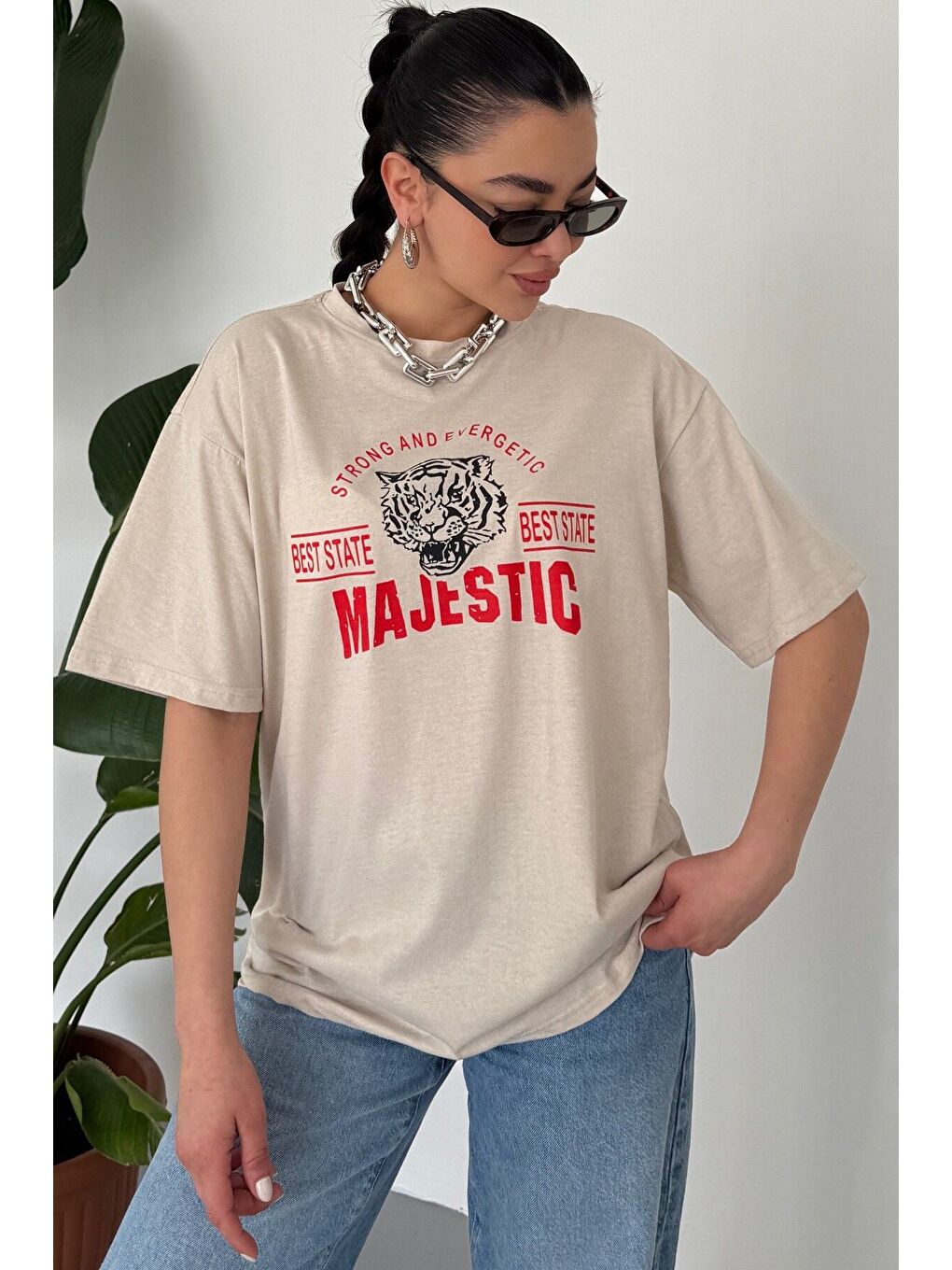Kadın Bej Bisiklet Yaka Majestic Baskılı Oversize T Shirt
