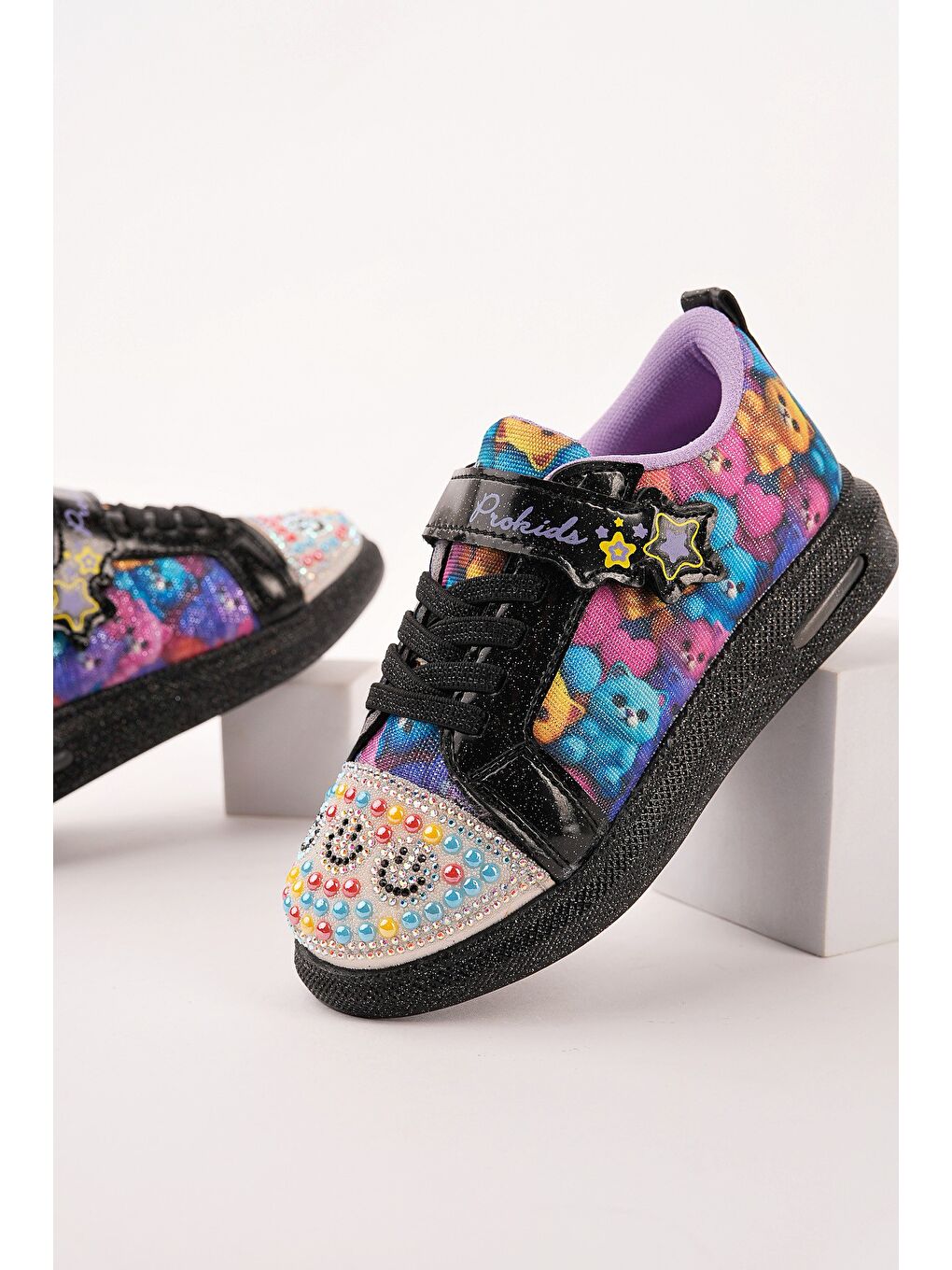 Siyah SMİLE Taş Detaylı Desenli Cırtlı Kız Çocuk Işıklı Günlük Sneaker Spor Ayakkabı-4