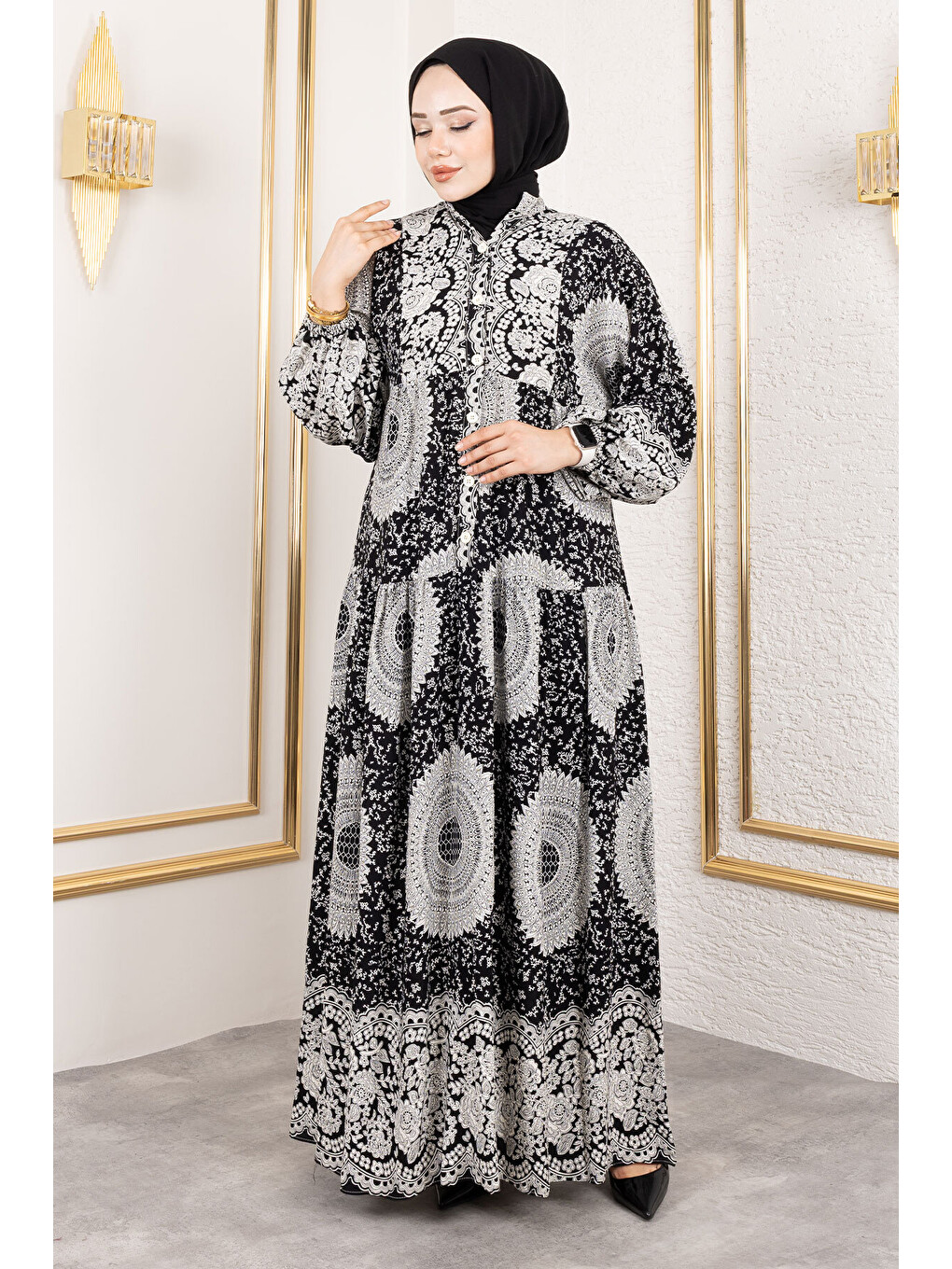Varak Desenli Viskon Elbise TSD250191 Siyah-2