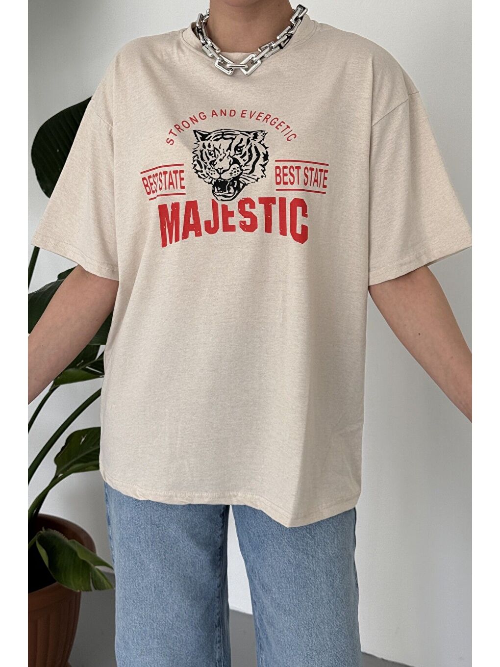 Kadın Bej Bisiklet Yaka Majestic Baskılı Oversize T Shirt-1