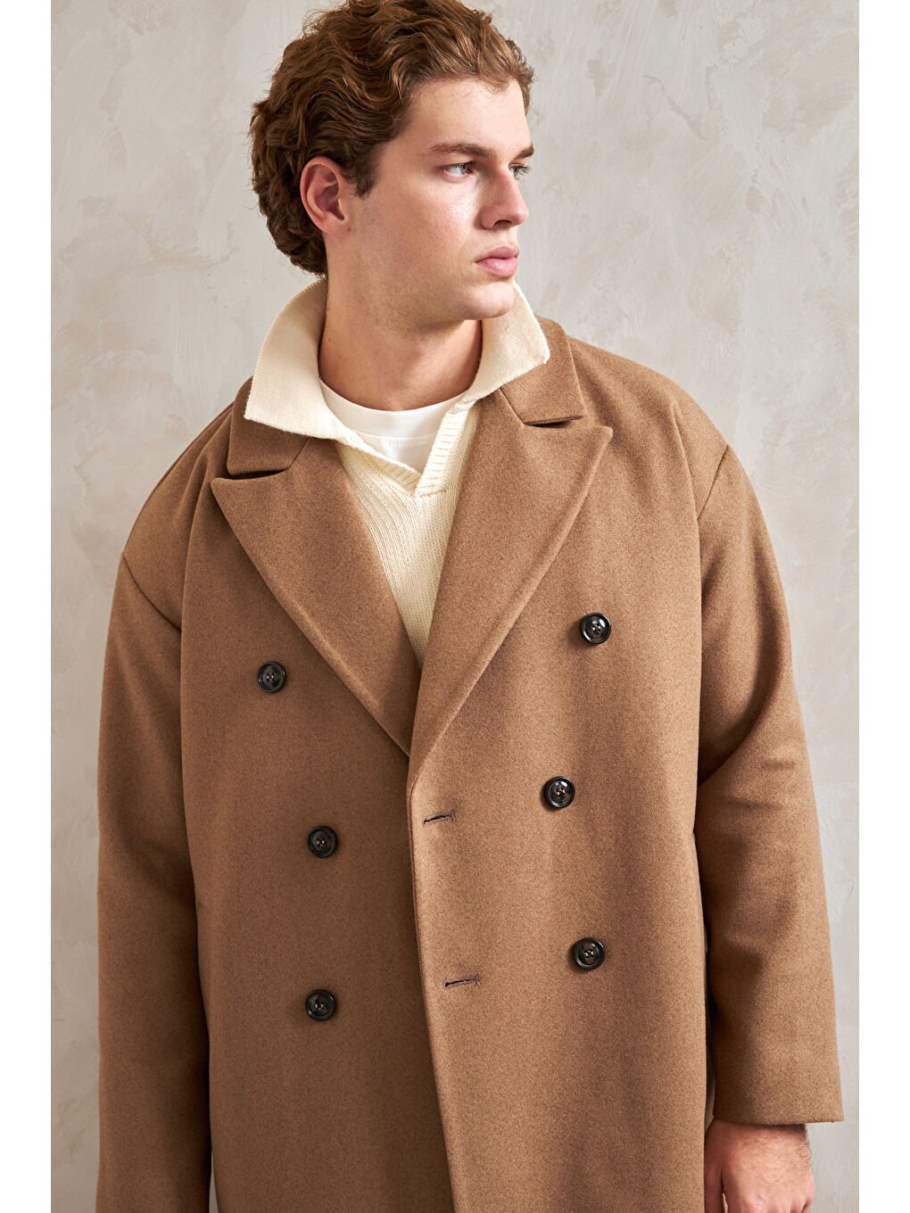 Kahverengi Erkek Oversize Astarlı Uzun Kaşe Kaban-5