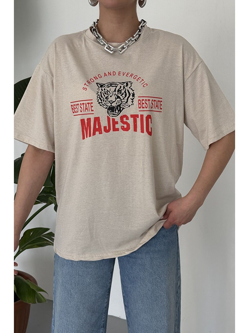 Kadın Bej Bisiklet Yaka Majestic Baskılı Oversize T Shirt-2