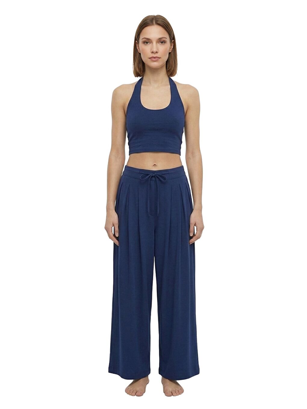Lacivert Viskon Halter Yaka Sırt Dekolteli Kadın Crop Atlet-1