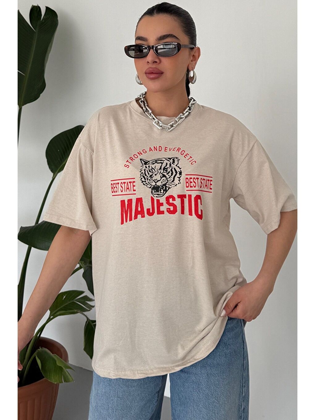 Kadın Bej Bisiklet Yaka Majestic Baskılı Oversize T Shirt-3